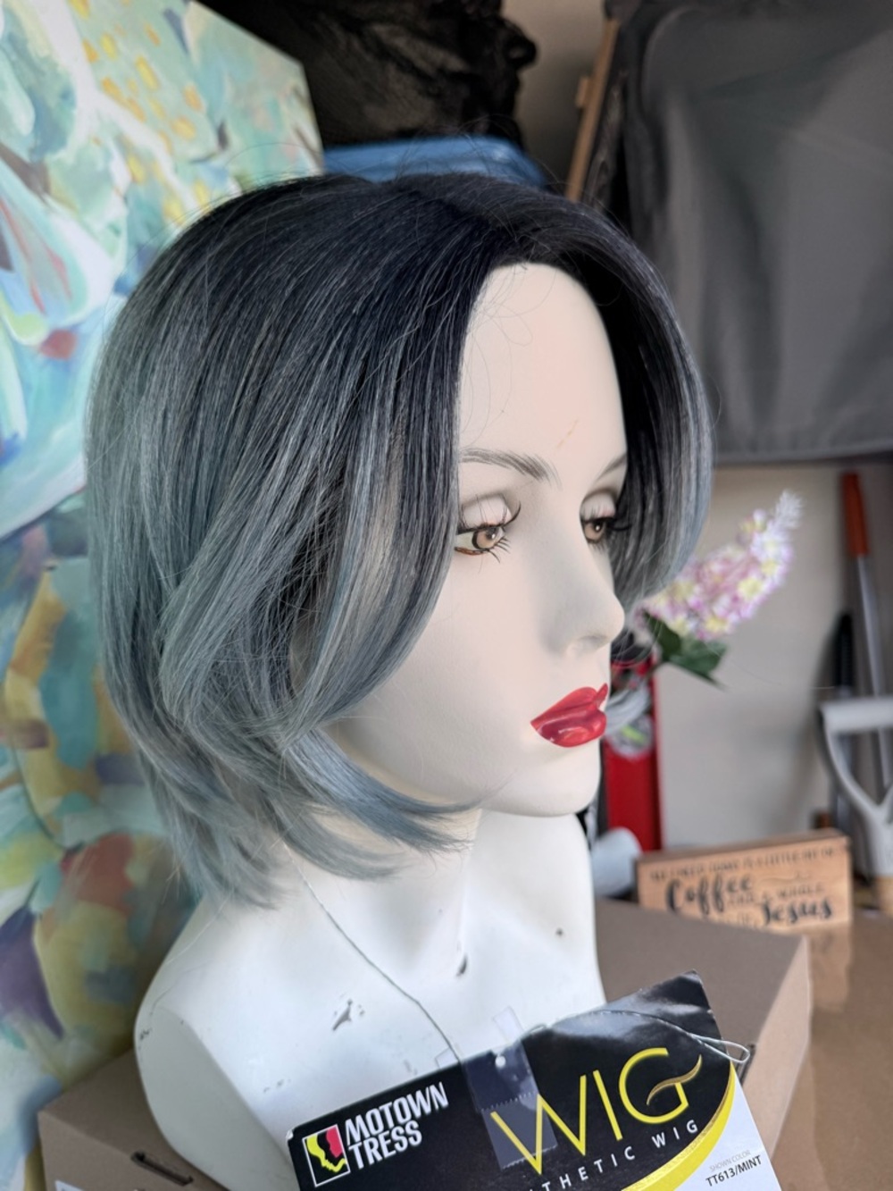 Short Layered Bob Wig in Ash Blue-Gray - Picture 3 of 10